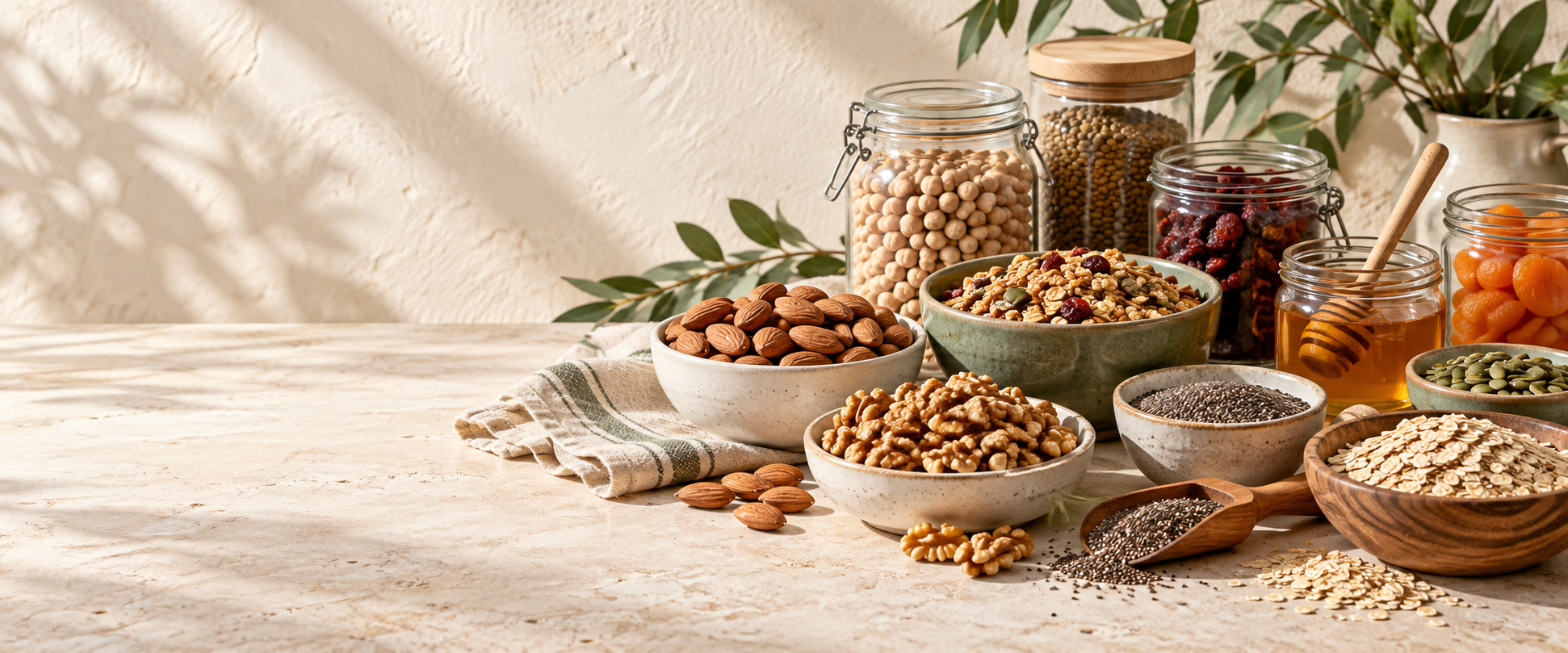 Selección de frutos secos, cereales, semillas, legumbres y miel